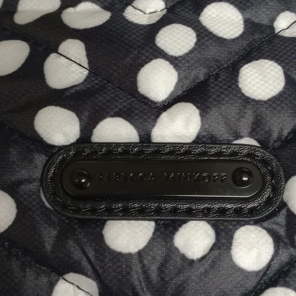 REBECCA MINKOFF "EDIE" BLACK & WHITE POLKA DOT NYLON PUFFER CHAIN CROSSBODY BAG - Picture 7 of 12